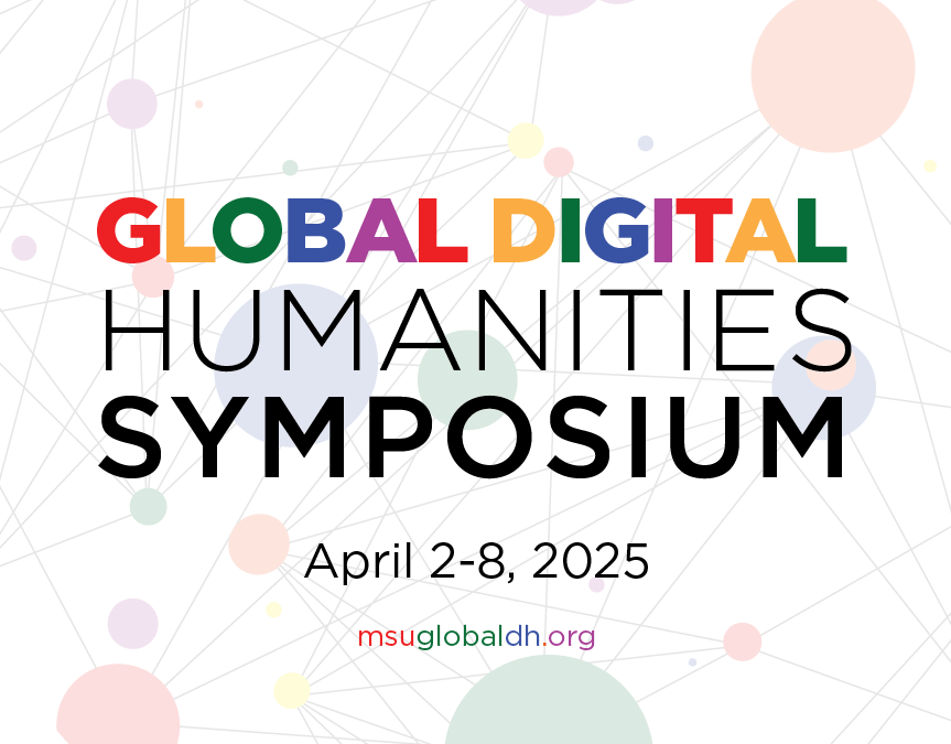 Symposium logo, showing the name, dates, and url of the 2025 symposium with a network graphic in the background. The letters and nodes in the background are the colors of the rainbow.